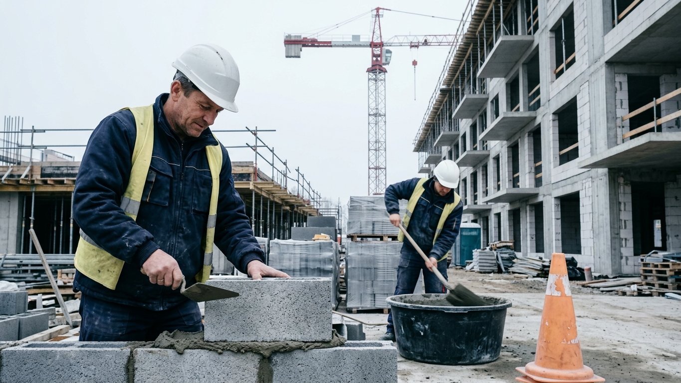 A bricklayer laying a block on a residential construction site in a Polish city in early morning, scaffolding and a crane behind