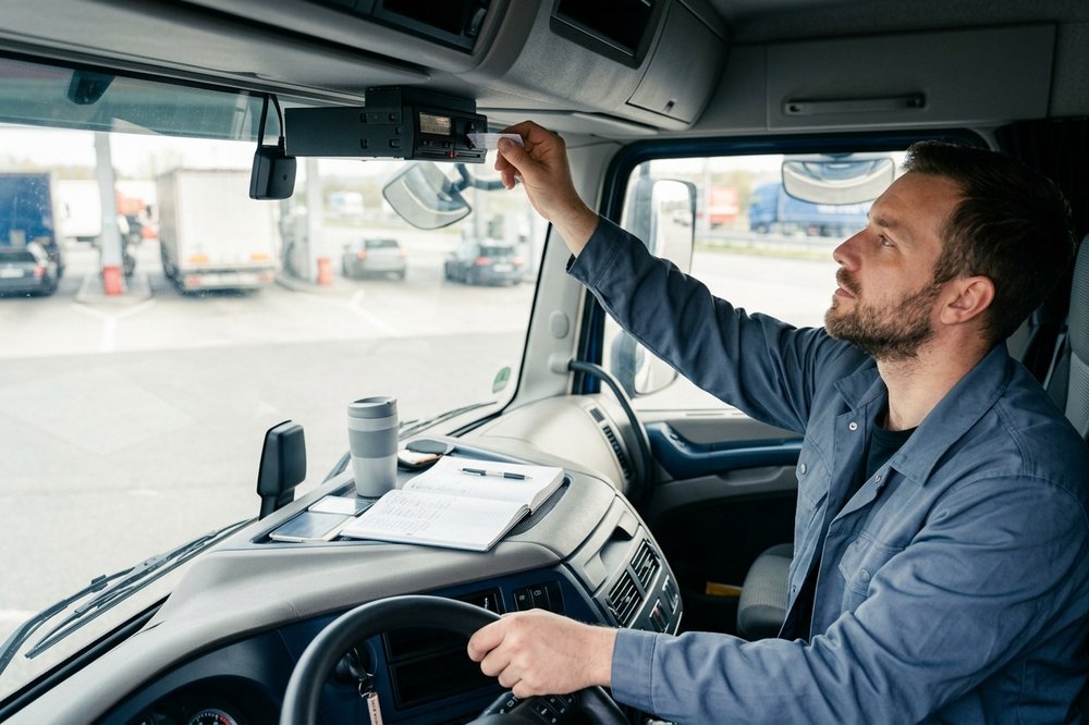 A driver inserting a driver card into a digital tachograph in the cab