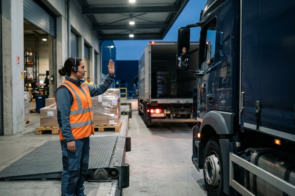 A loading-dock worker signalling to a reversing truck driver