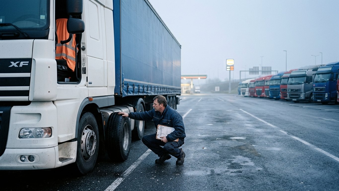 A truck driver checking a tyre during a walk-around at a European motorway truck stop at dawn