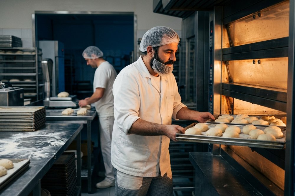 A baker loading trays of rolls into a rack oven in an industrial bakery