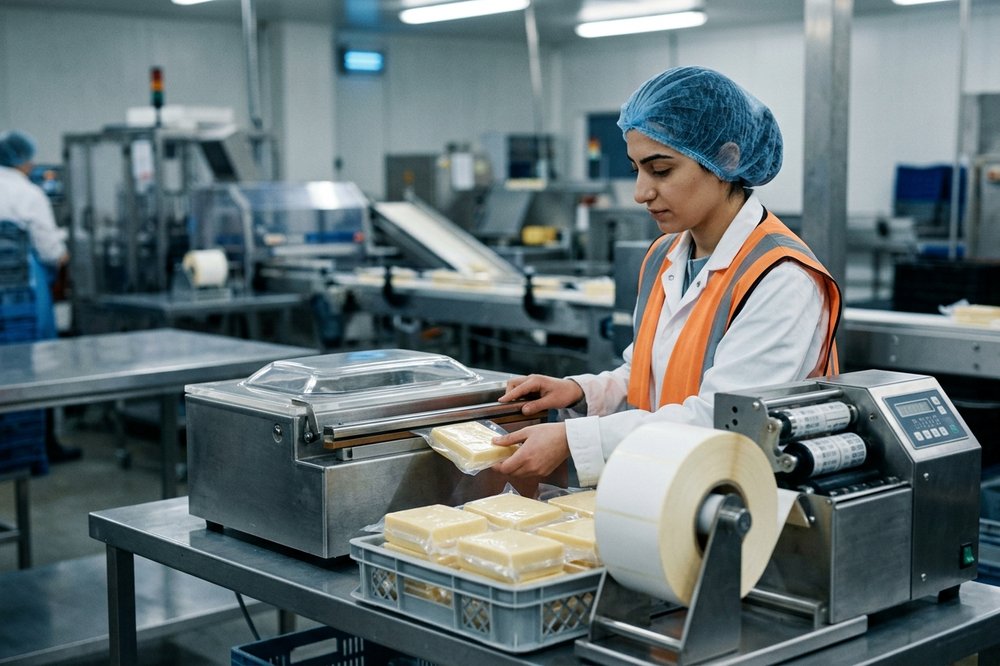 A dairy-plant worker vacuum-sealing cheese at a packing station