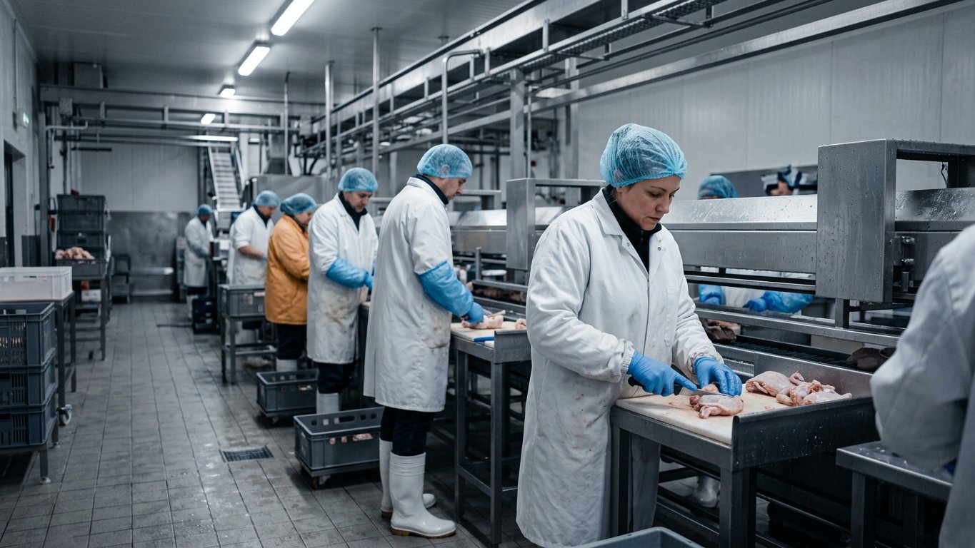 A meat-processing hall with workers in white coats and hairnets along a stainless-steel line