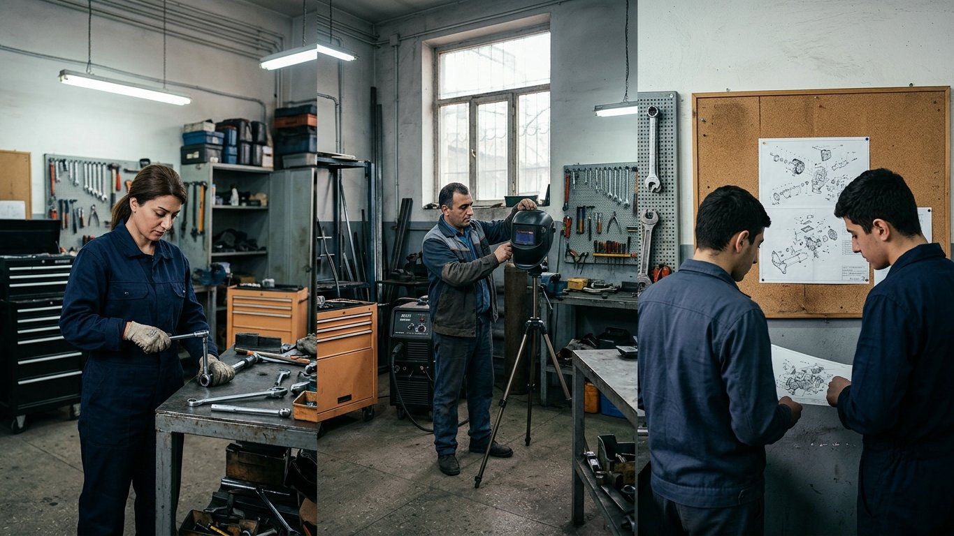A vocational training workshop in Armenia with tools, a welding mask and trainees studying a diagram