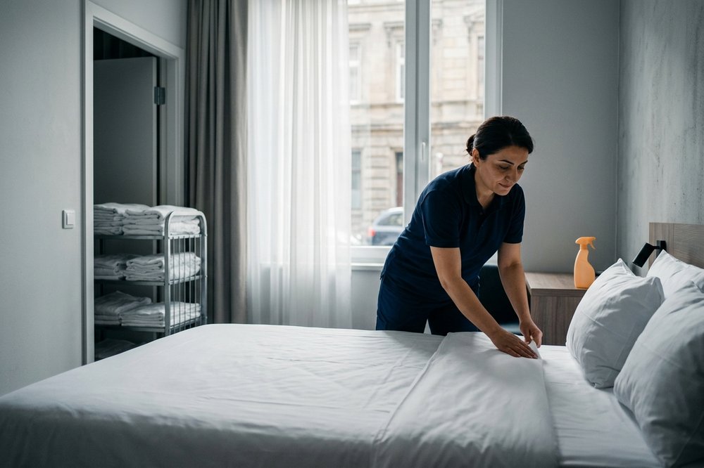 A housekeeper making a bed in a bright hotel room