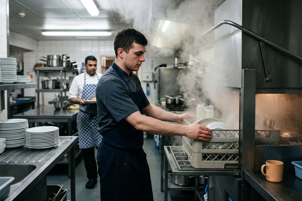 A kitchen porter loading racks into a commercial dishwasher