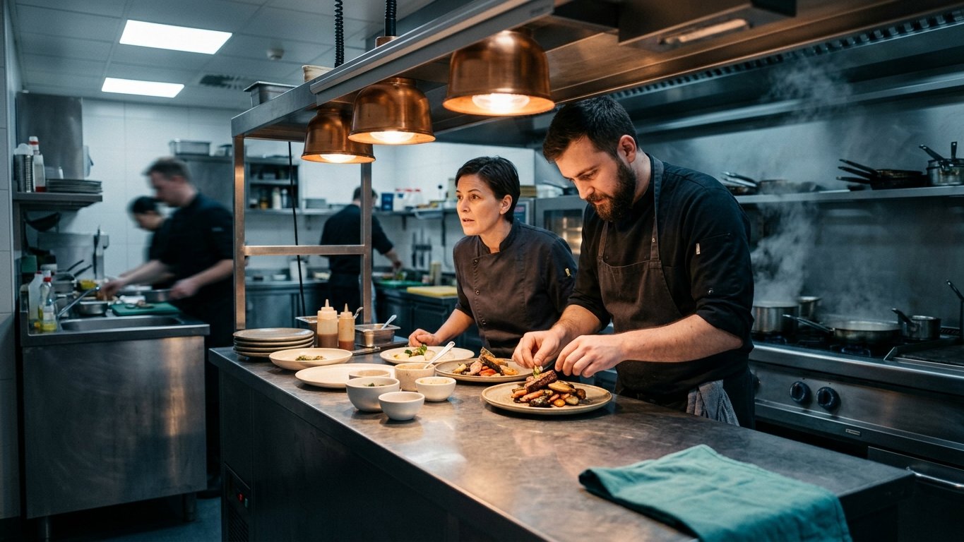 A hotel kitchen during evening service, a cook plating a dish and a sous-chef calling an order