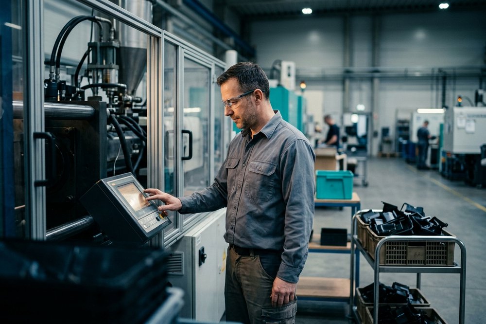 A production worker reading the control panel of an injection-moulding machine