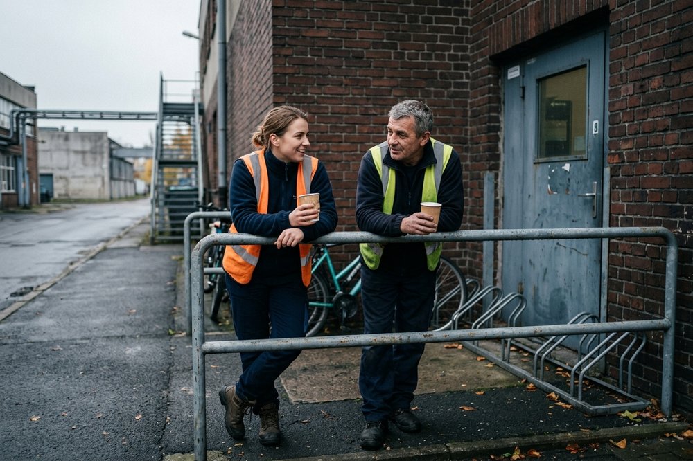 Two workers on a short break outside a factory door in Poland in autumn