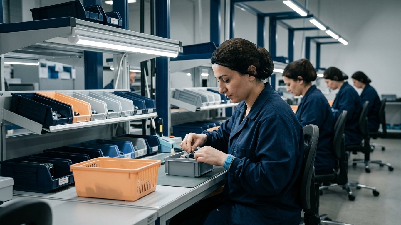 An electronics assembly line in a European factory, a worker fitting a component at a lit workstation