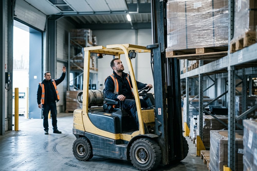 A forklift operator lifting a wrapped pallet onto a second-level rack