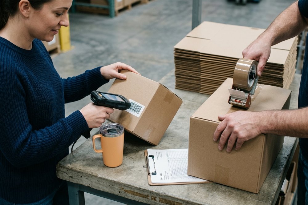 Scanning a carton barcode at a packing station, tape and a printed pick list beside it