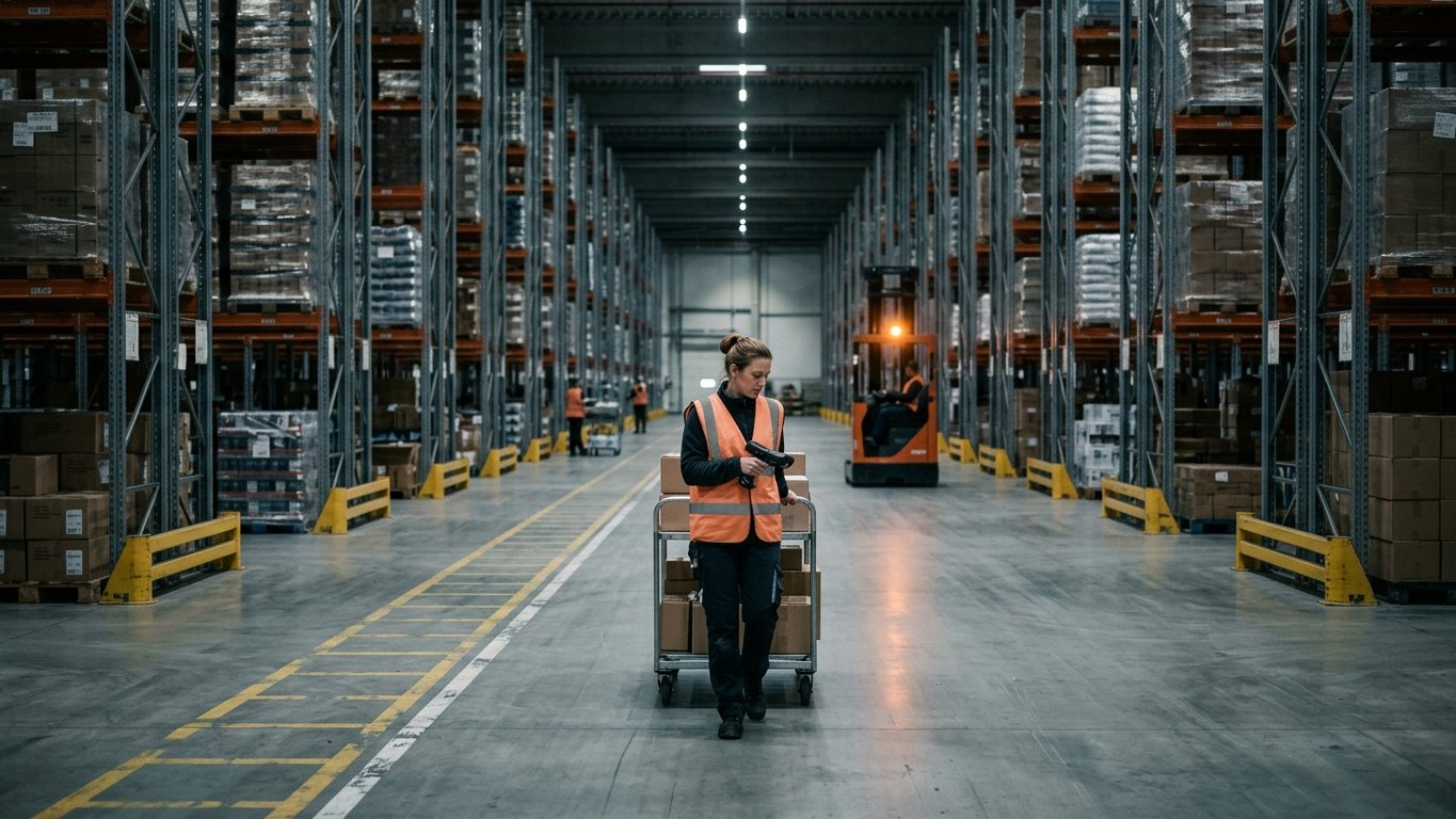 An order picker with a scanner and trolley walking a tall racking aisle in a large distribution warehouse