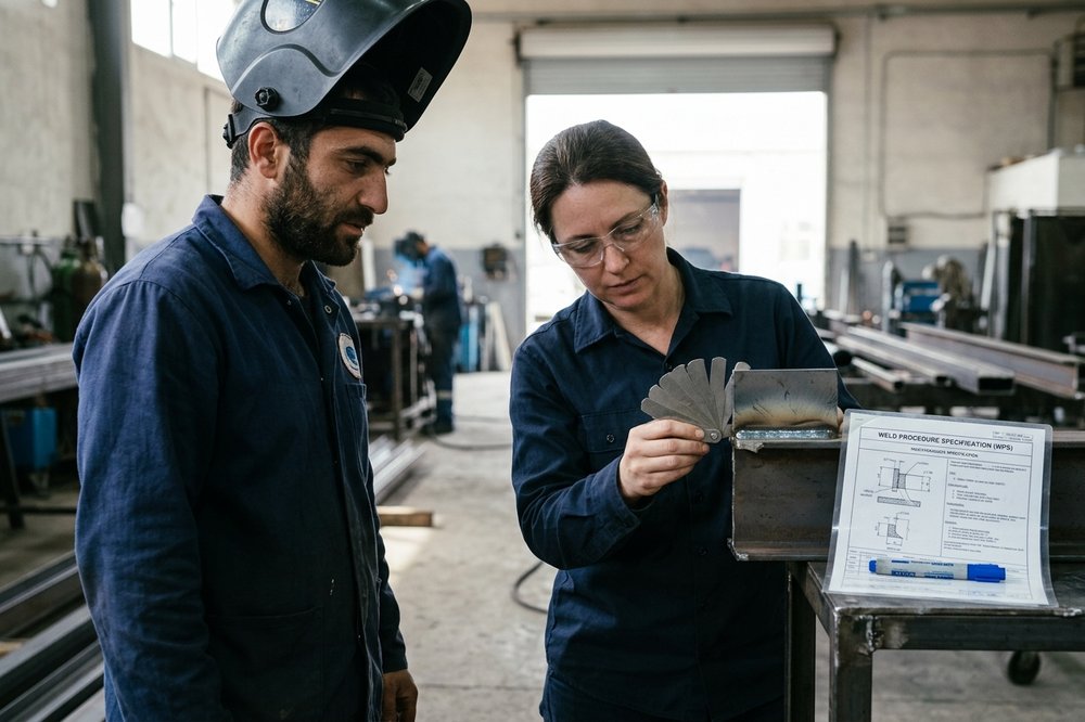 An inspector checking a welded joint with a gauge while the welder listens