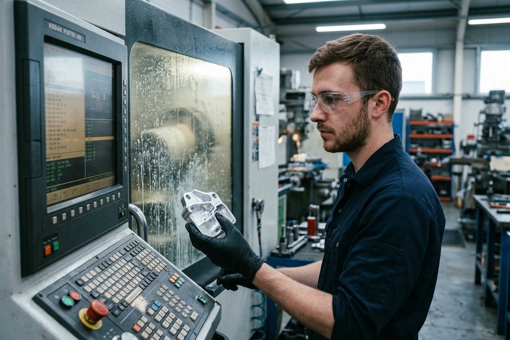 A CNC machinist reading the control screen with a finished aluminium part in hand