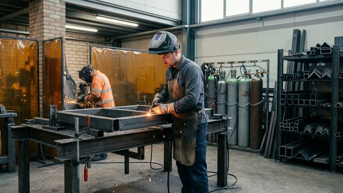 A welder in a leather apron MIG-welding a steel frame in a European metal fabrication workshop